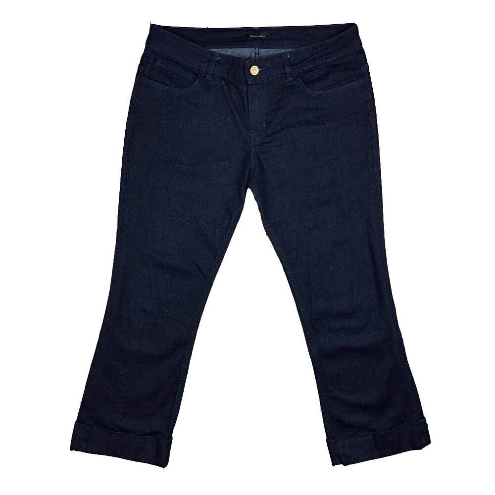 Massimo Dutti Flared Fit Mid Rise Turnover Dark Blue Jeans Size 12